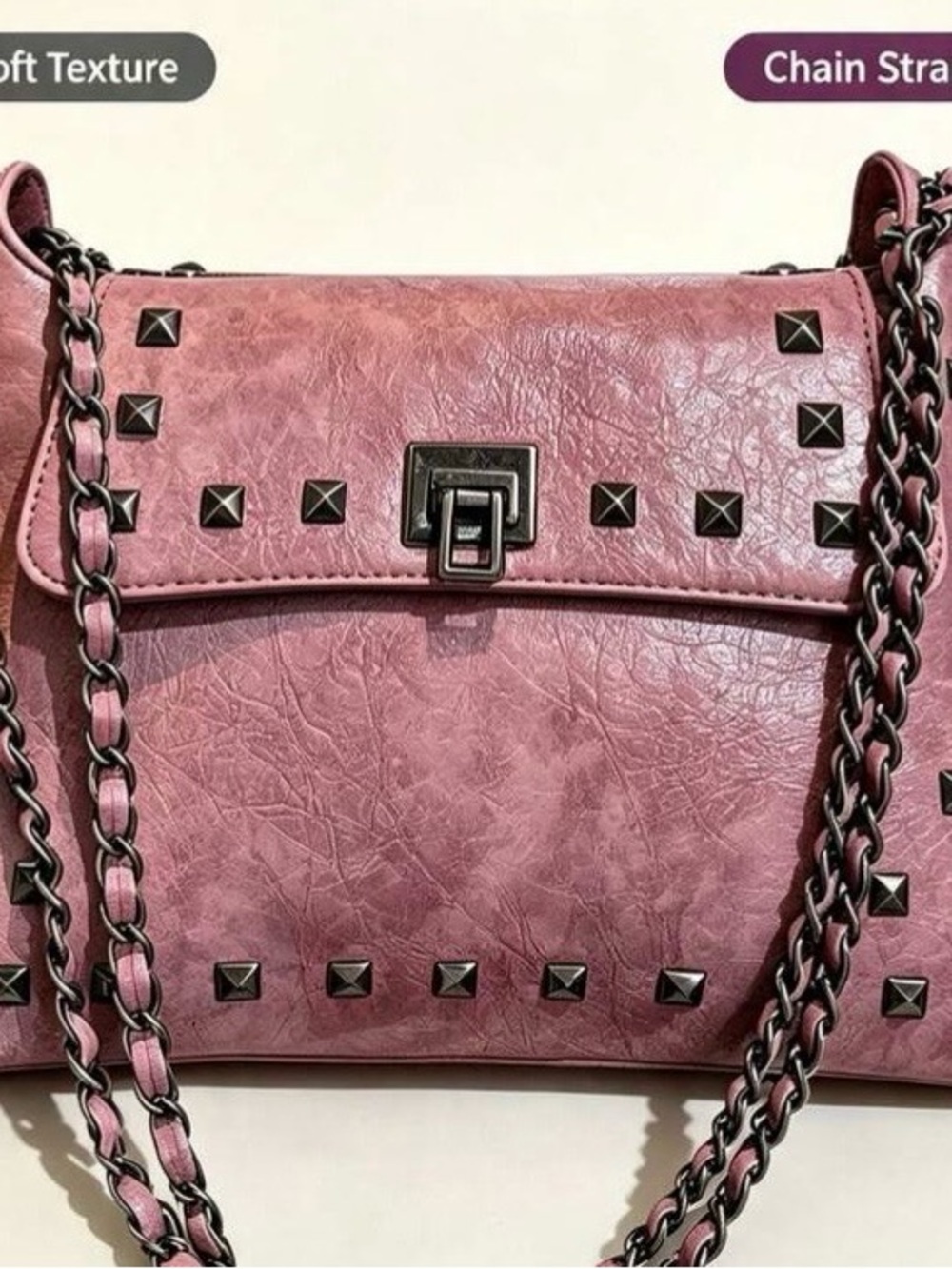 Pink Studded Shoulder Bag with Chain Strap